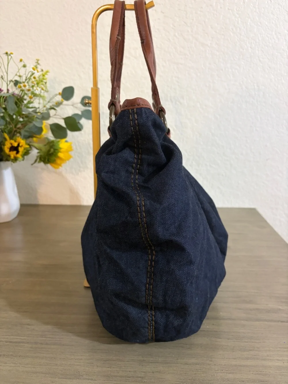 Lucky Brand Dark Blue Canvas Tote with Brown Leather Trim